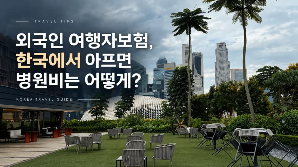 외국인 여행자보험, 한국에서 아프면 병원비는 어떻게? 도심 공원과 고층 건물을 배경으로 외국인 여행자보험과 한국 병원비를 안내하는 제목 이미지