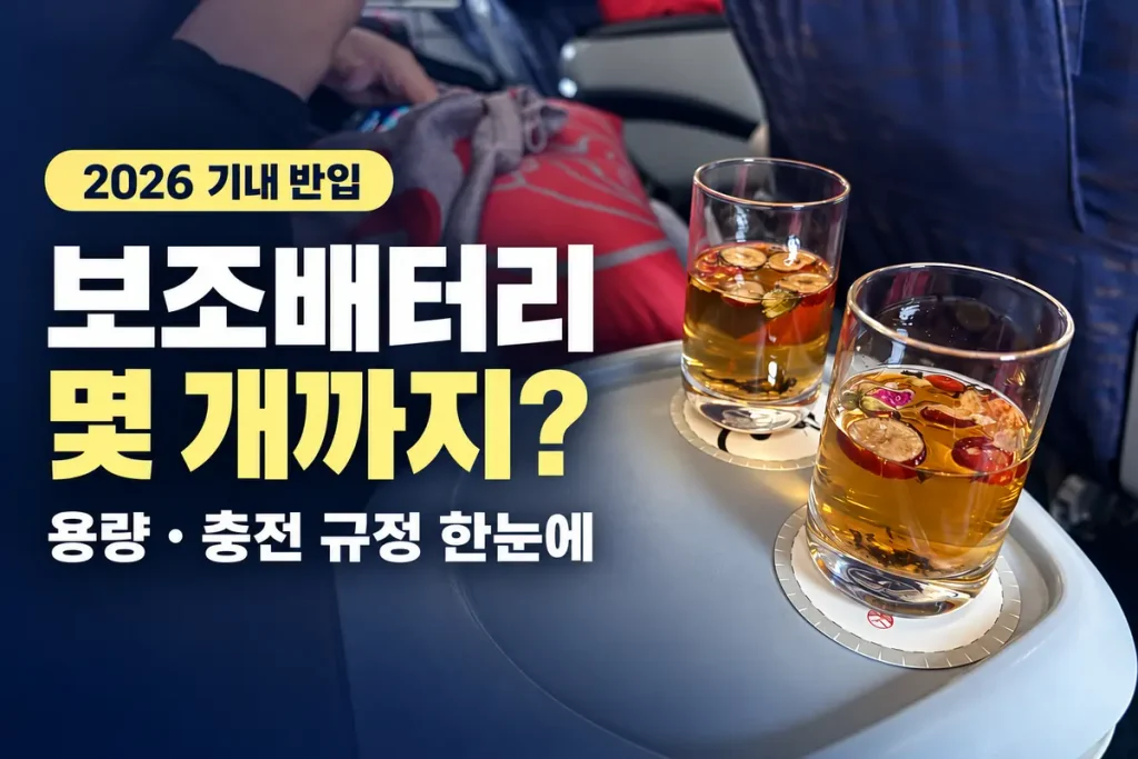 비행기 보조배터리 몇 개까지? 2026년 기내 반입 용량과 충전 규정 기내 사진을 배경으로 한 비행기 보조배터리 반입 개수·용량·충전 규정 안내 이미지